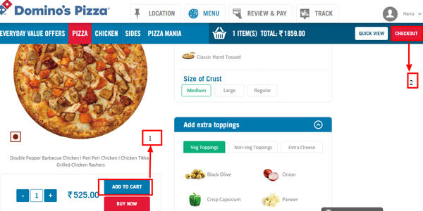 Add selected pizza to cart